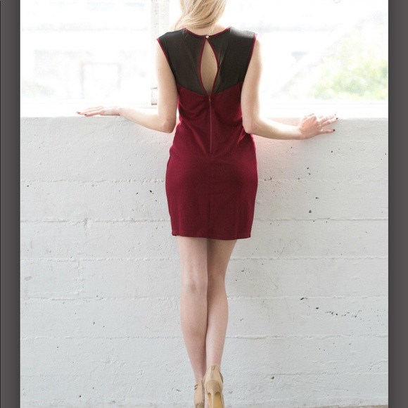 Burgundy and Black Mesh Bodycon Party Dress - Picture 2 of 5